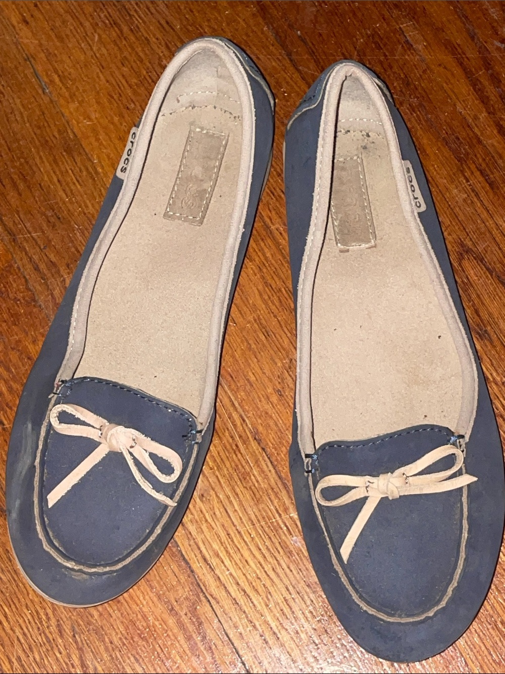CROCS Navy Blue Bow Moccasin Flats with Cream Trim